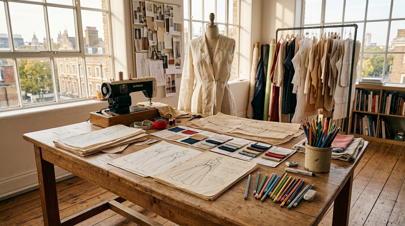 Atelier de design de mode ensoleillé avec croquis, tissus et patrons de couture sur une table