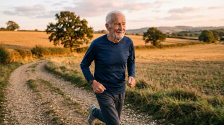 Homme âgé souriant courant sur un chemin de campagne