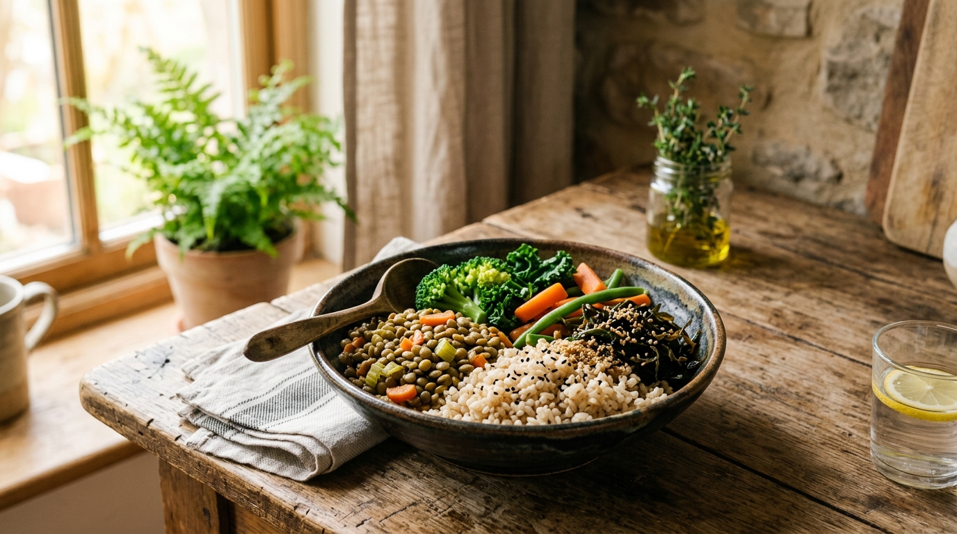 Bol de repas macrobiotique avec céréales et légumes