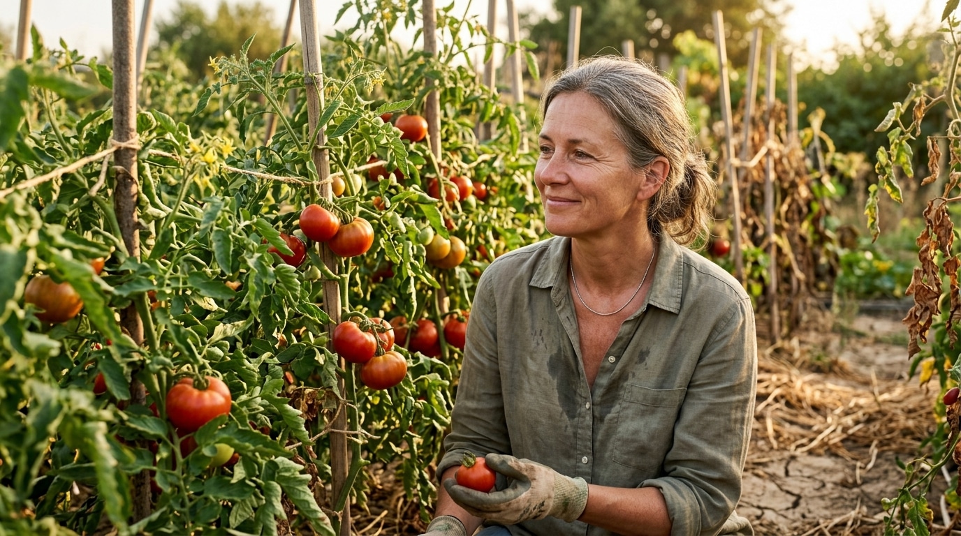 Jardinier souriant devant ses tomates bien arrosées