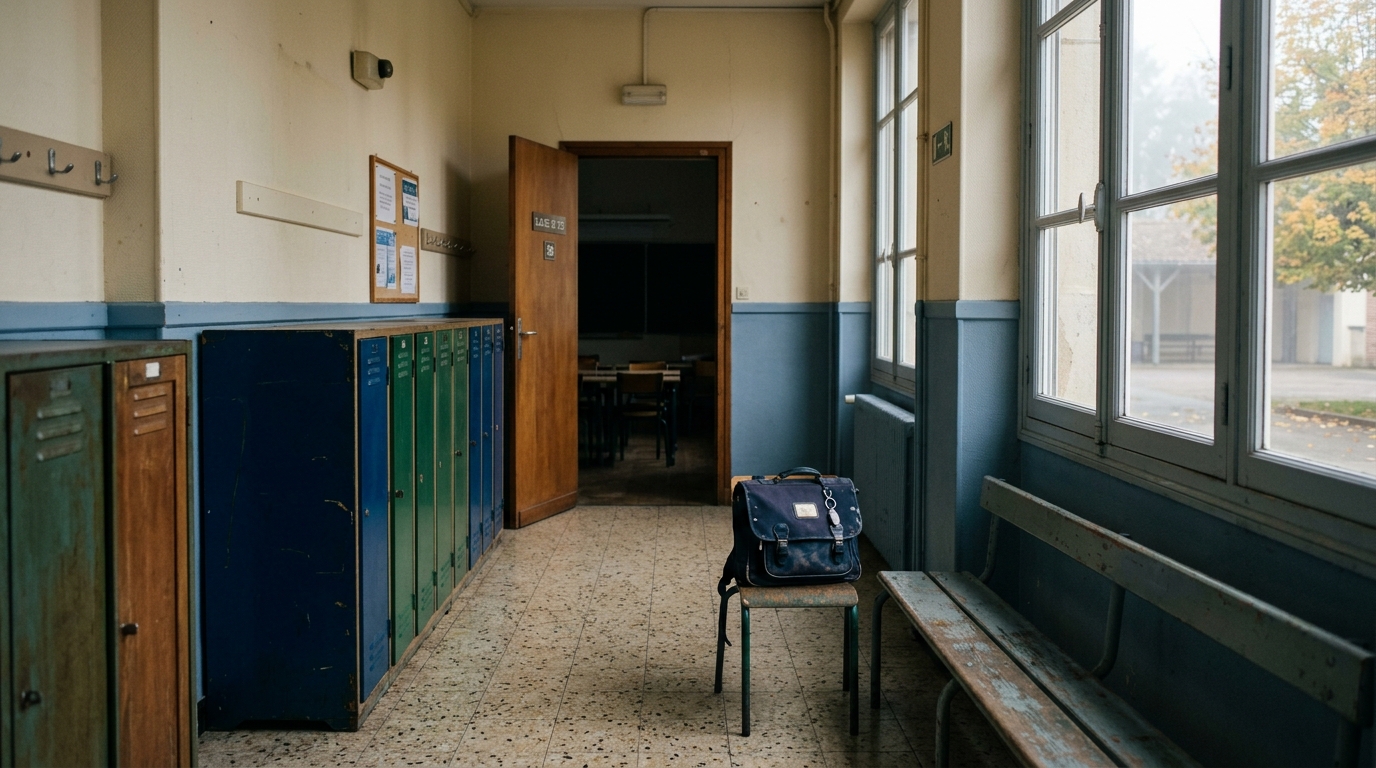 Couloir vide d'école primaire avec cartable abandonné