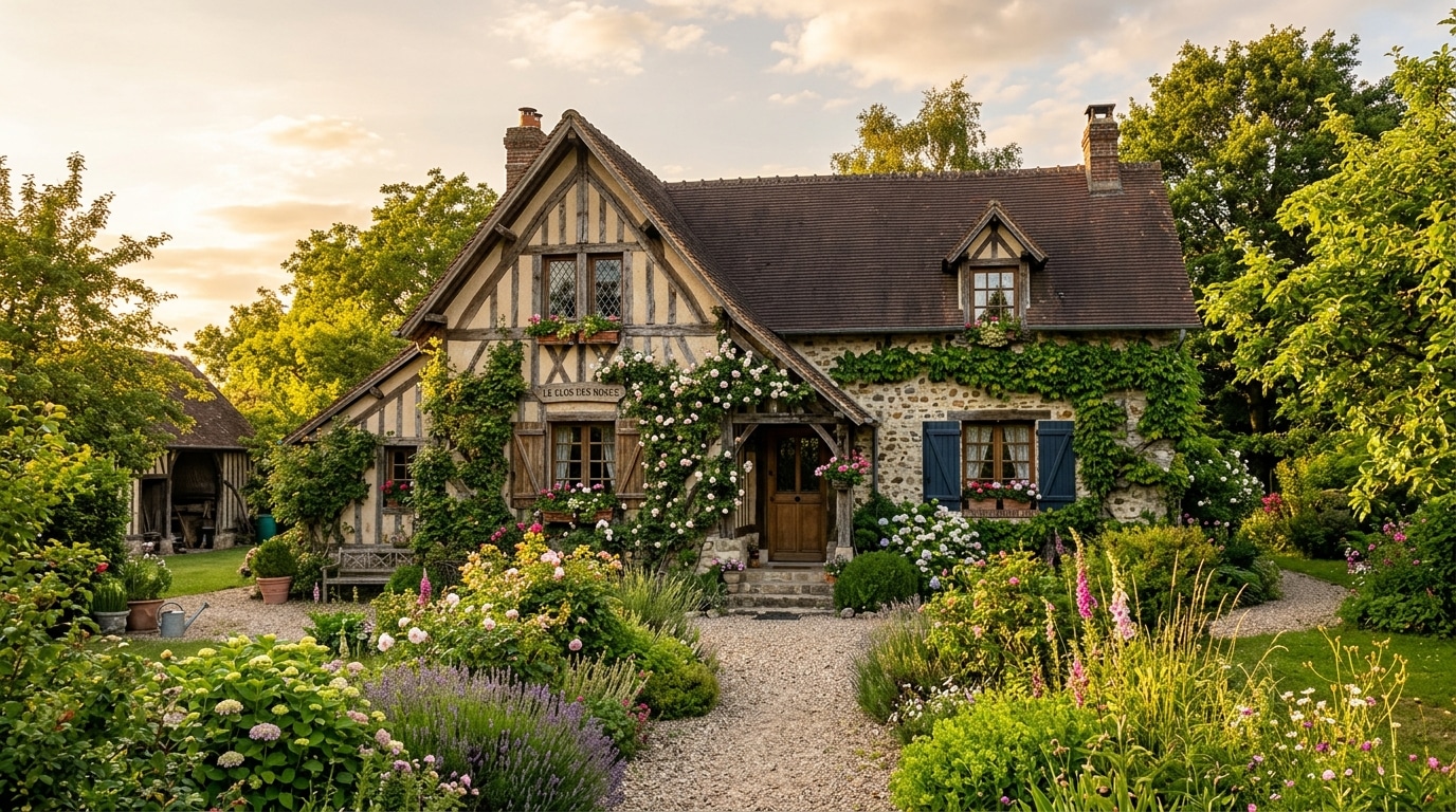 Maison normande à colombages avec jardin verdoyant sous la lumière dorée