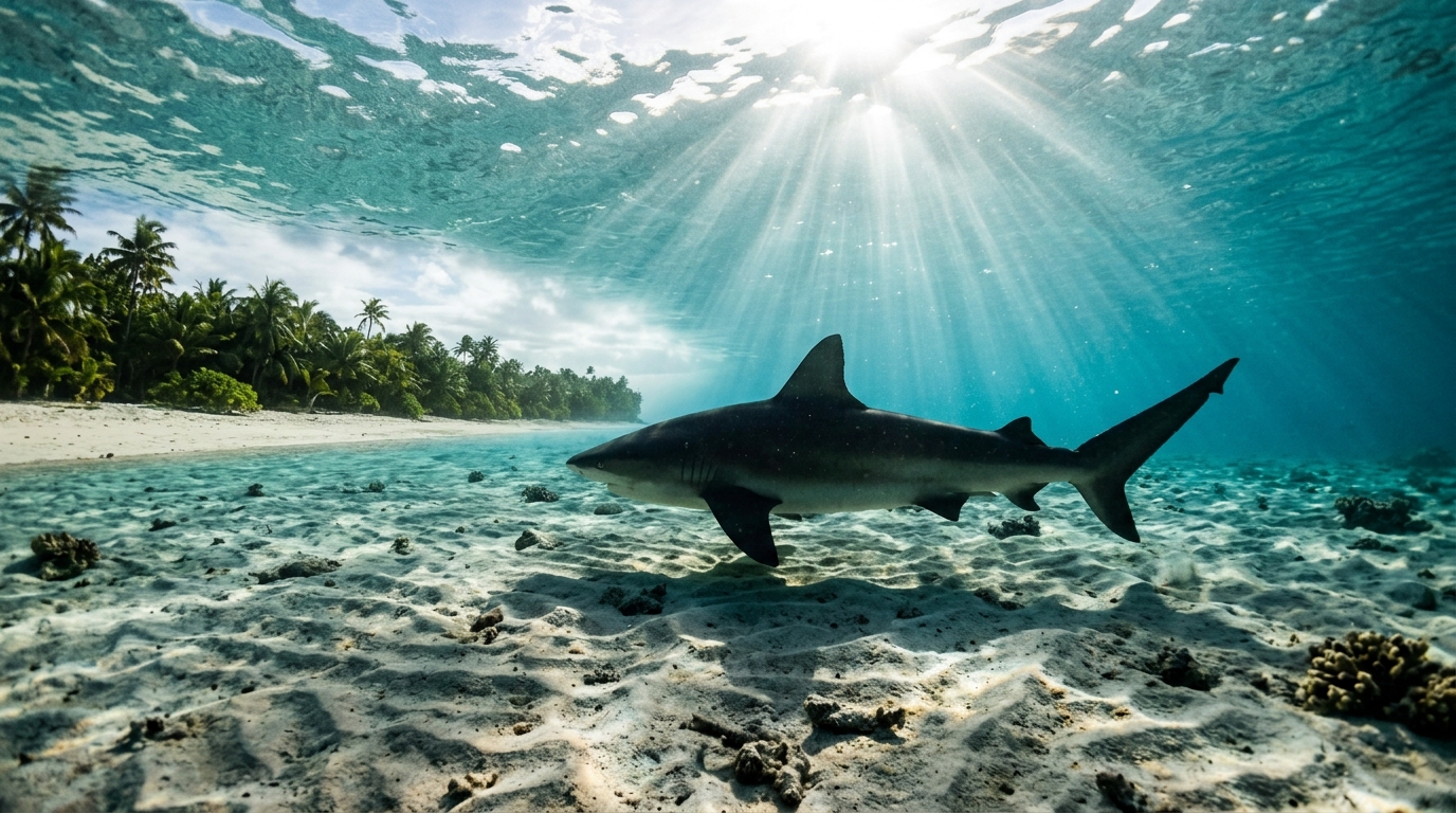 Requin gris nageant près d'une plage isolée turquoise