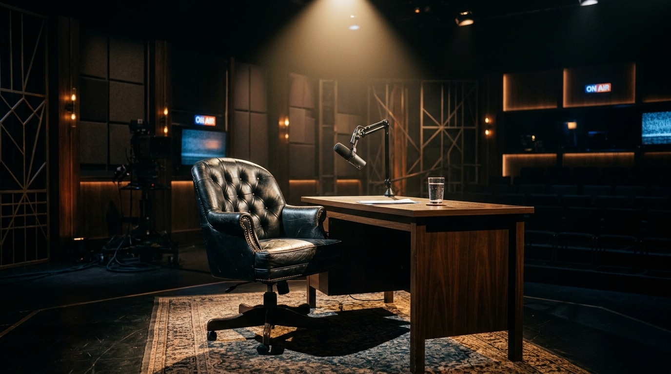 Fauteuil vide de plateau télévision sous projecteur en hommage à Thierry Ardisson