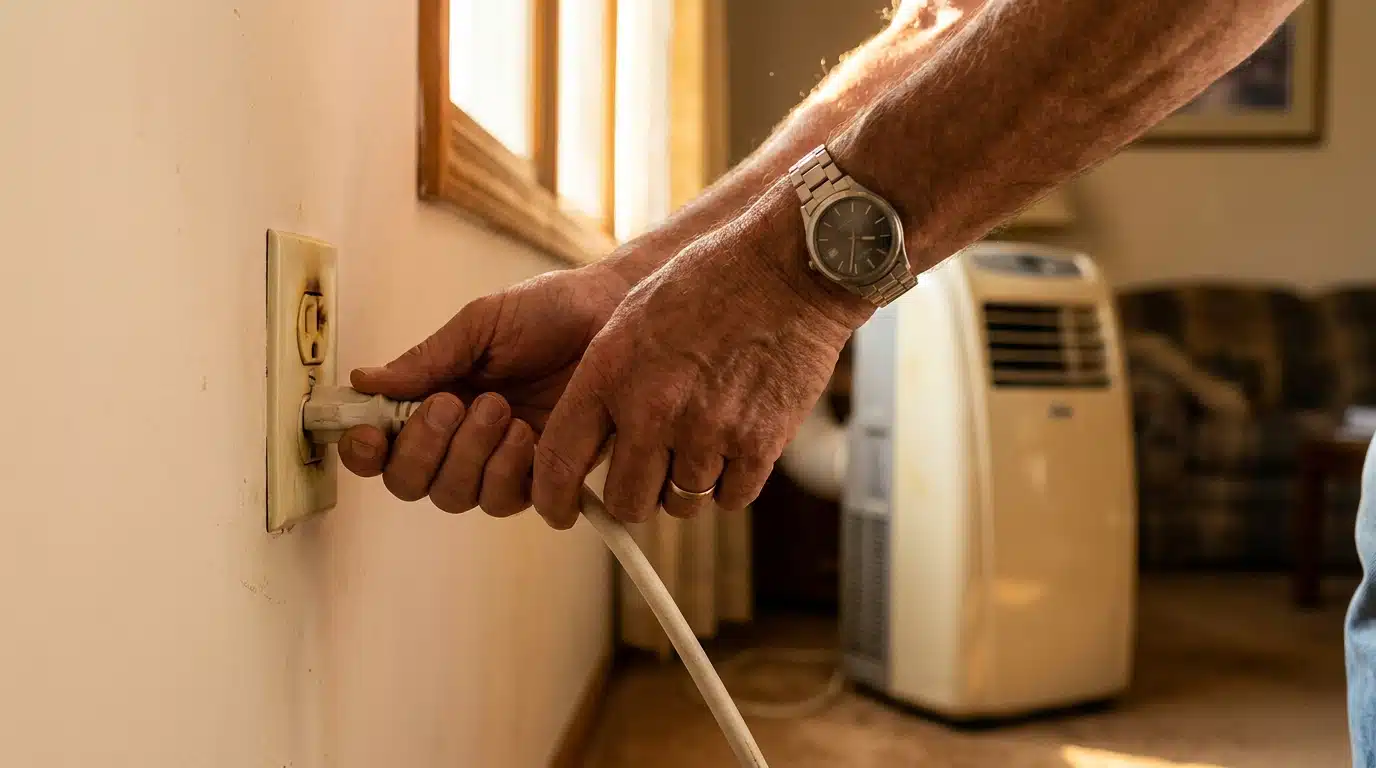 Mains branchant un climatiseur sur une prise murale jaunie