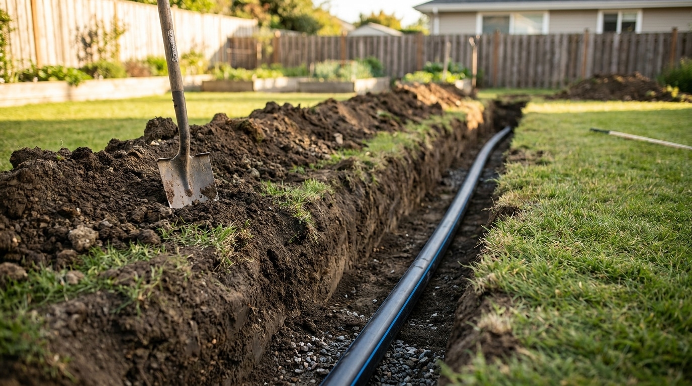Tuyau noir en PEHD posé dans une tranchée de jardin