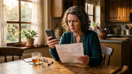 Femme inquiète vérifiant son RIB sur son téléphone