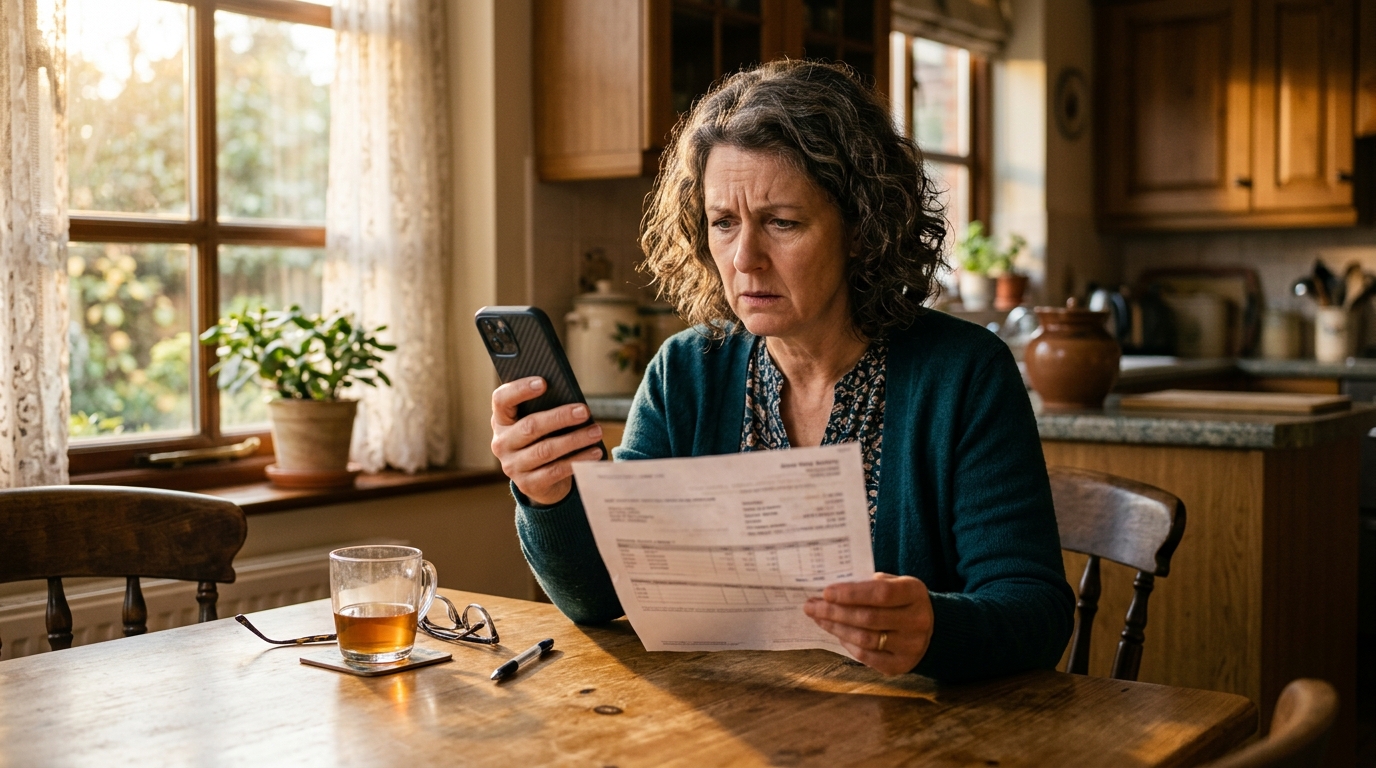 Femme inquiète vérifiant son RIB sur son téléphone