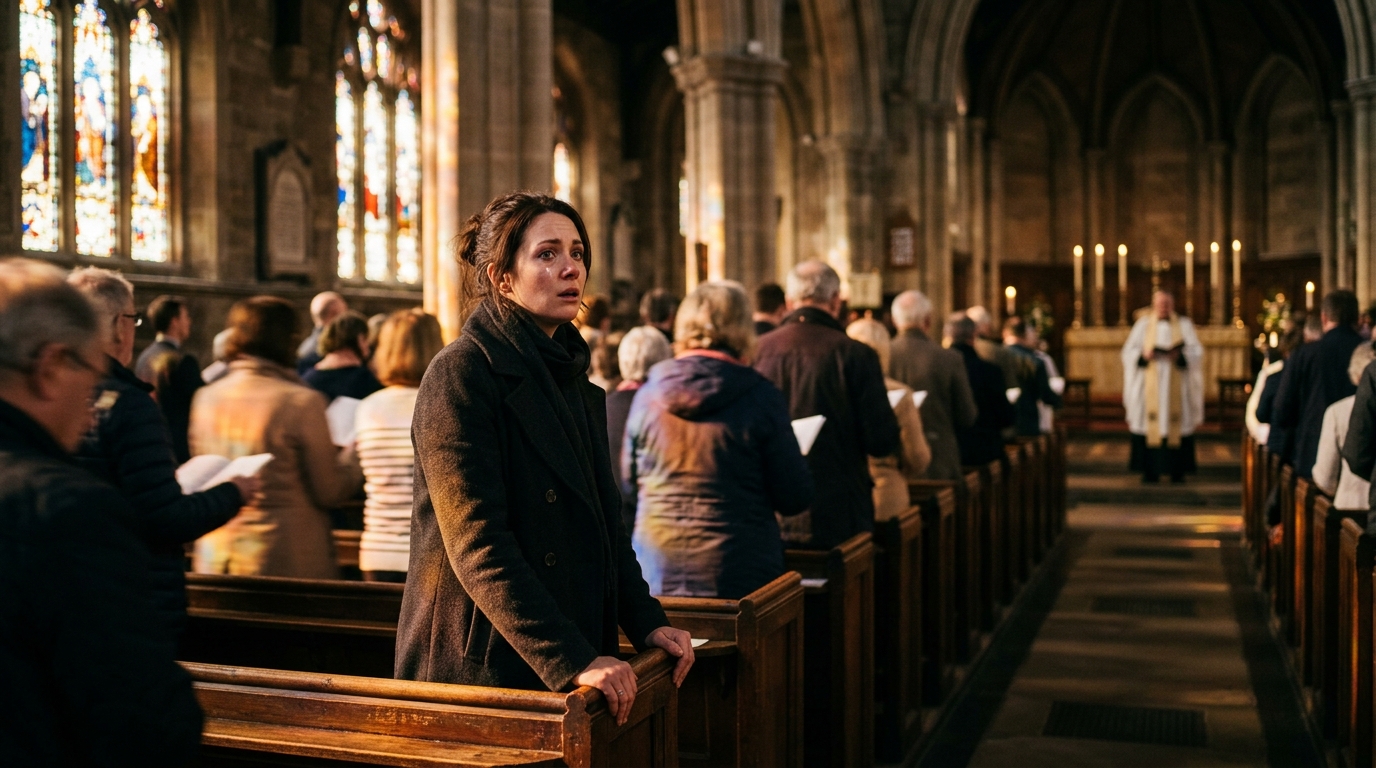 Femme sous le choc pendant un office religieux à l'église