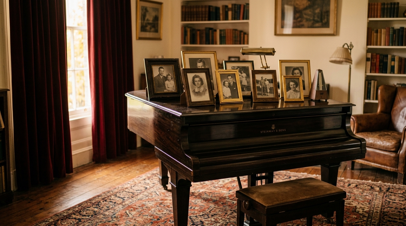 Piano vintage avec photos encadrées dans un salon à l'atmosphère nostalgique