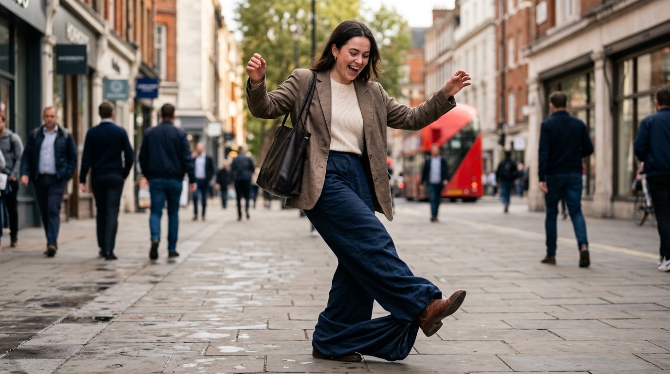 Femme trébuchant dans un pantalon large sur trottoir