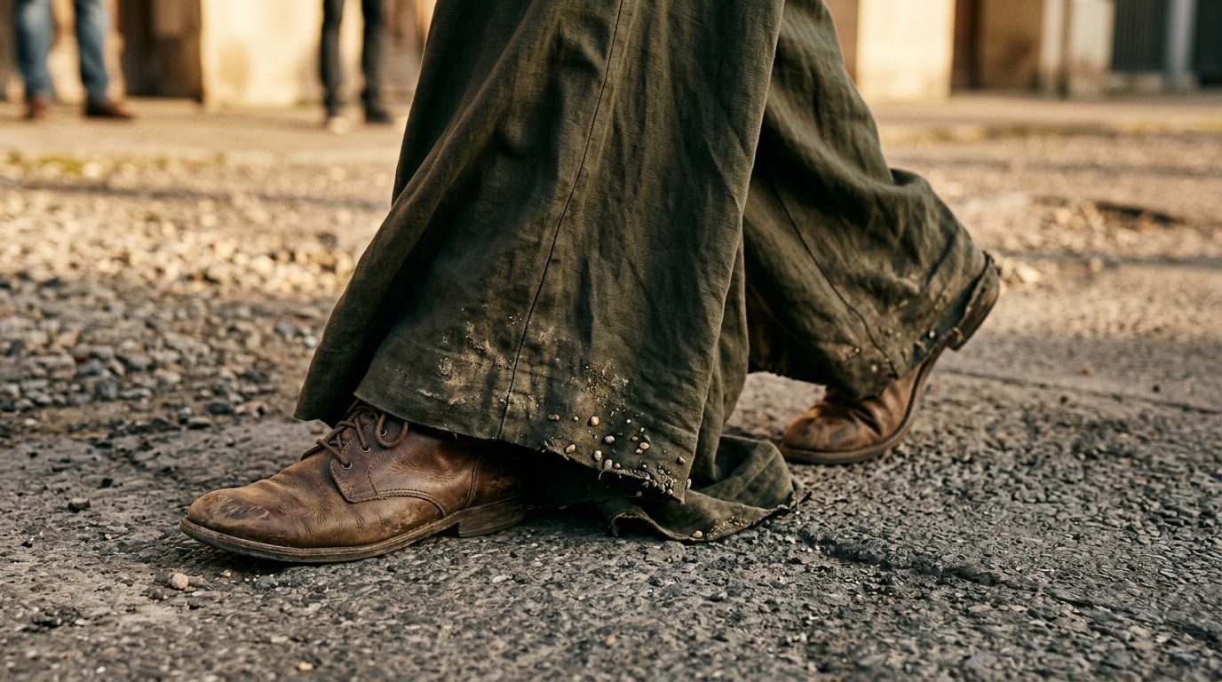 Ourlet de pantalon large traînant au sol avec graviers