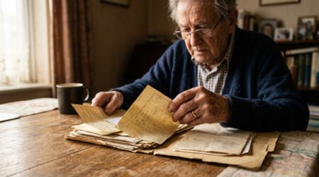 Retraité triant de vieux bulletins de salaire à la maison