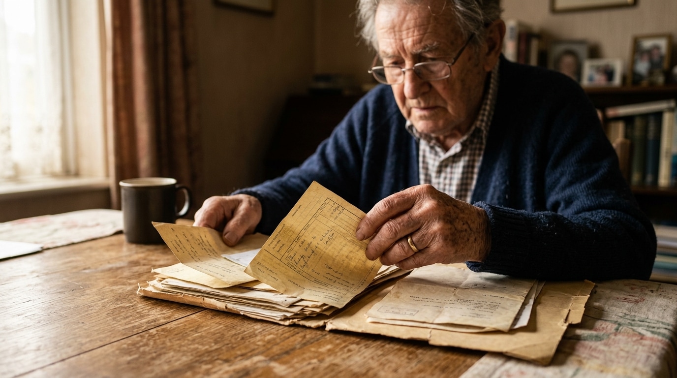 Retraité triant de vieux bulletins de salaire à la maison