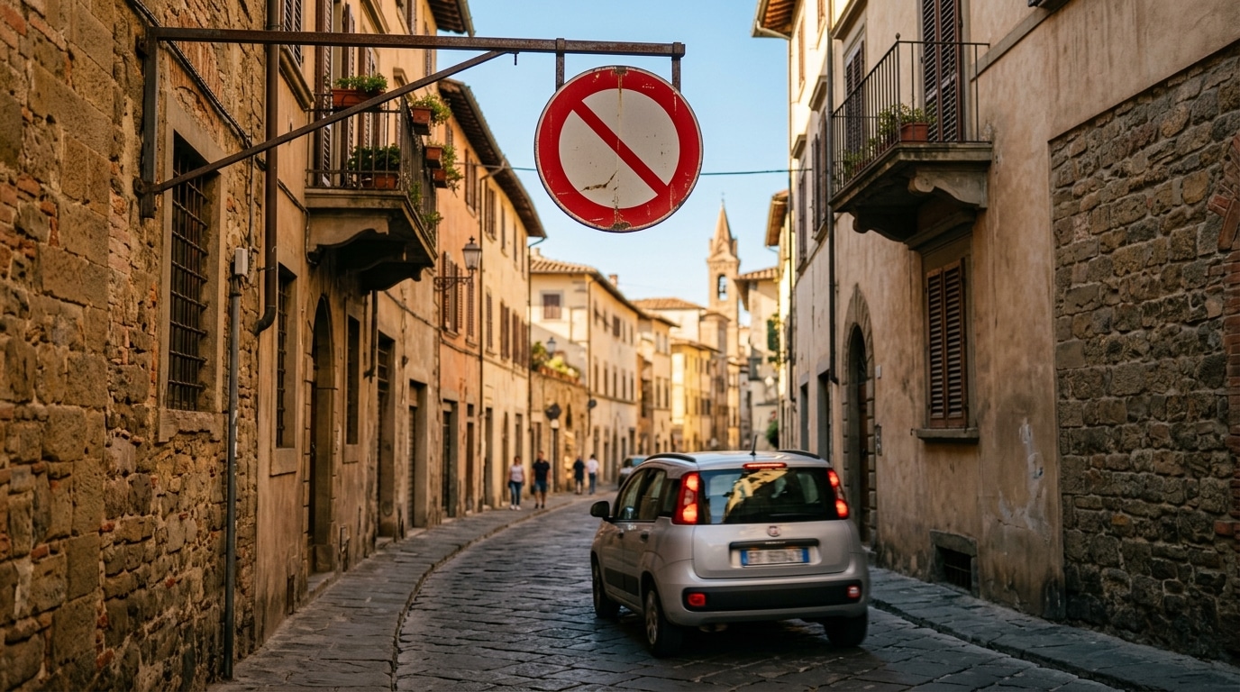 Panneau rouge de zone à trafic limité au-dessus d'une ruelle italienne