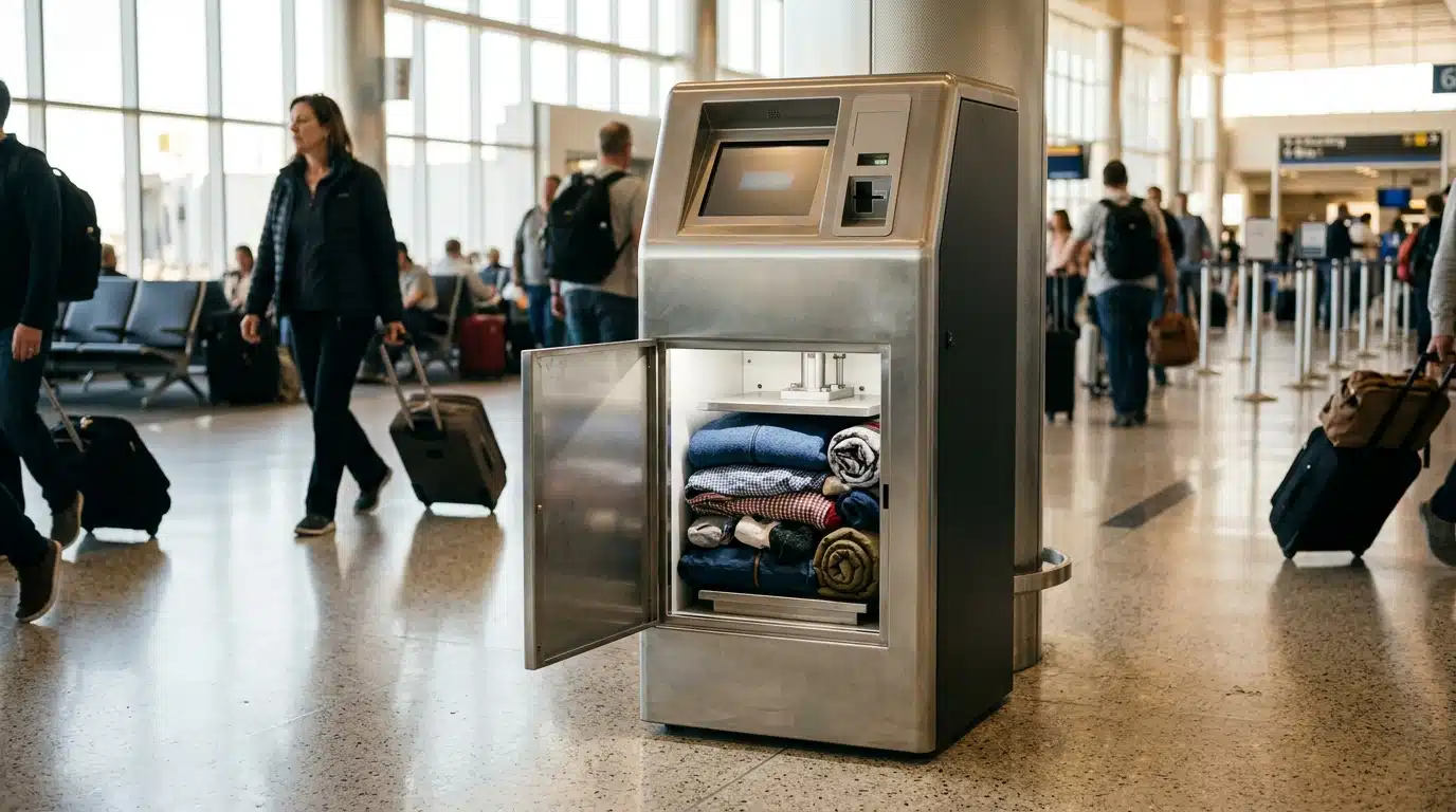 Machine automatique de compression de vêtements dans un aéroport