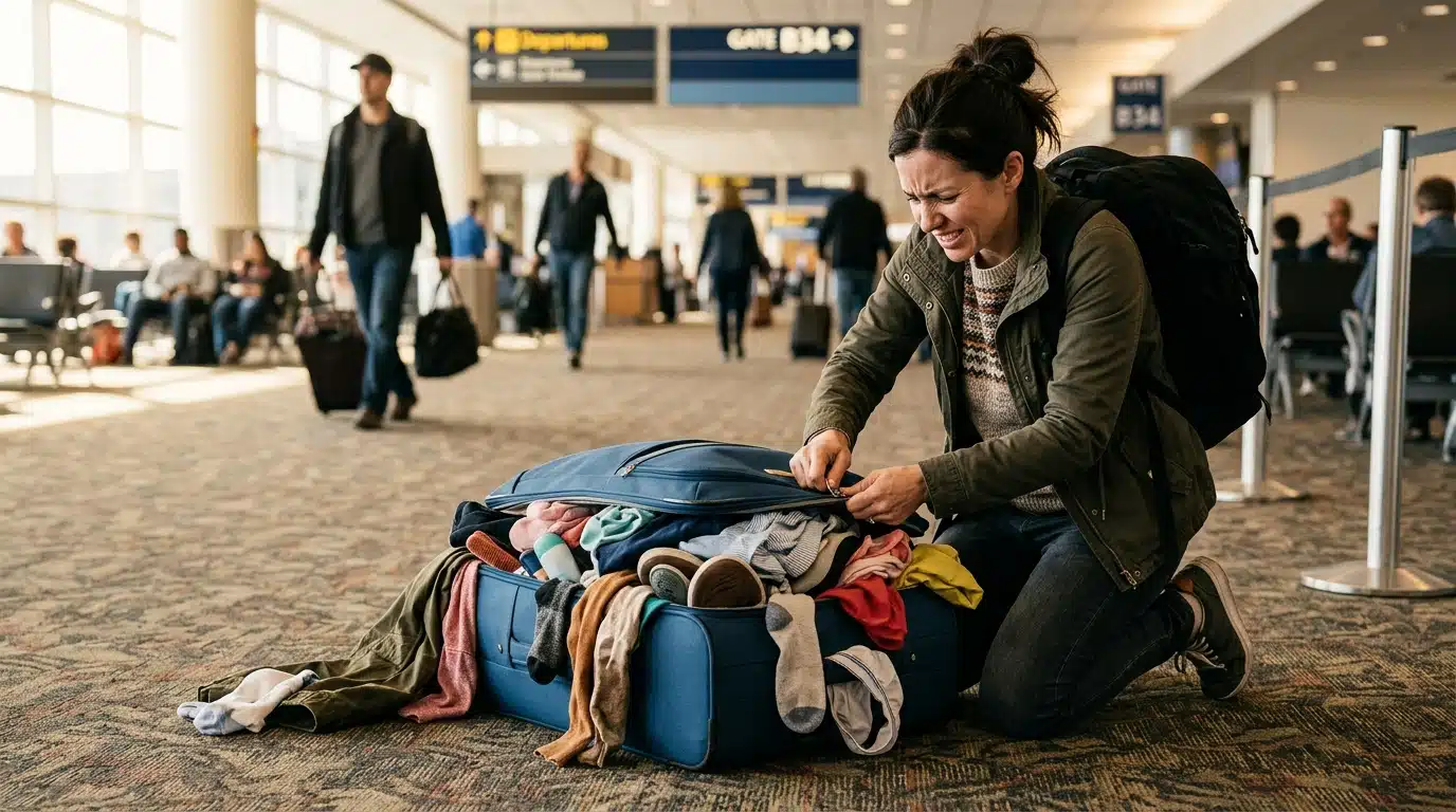 Voyageur essayant de fermer une valise trop pleine