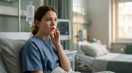 Adolescente assise sur un lit d'hôpital, main sur la mâchoire