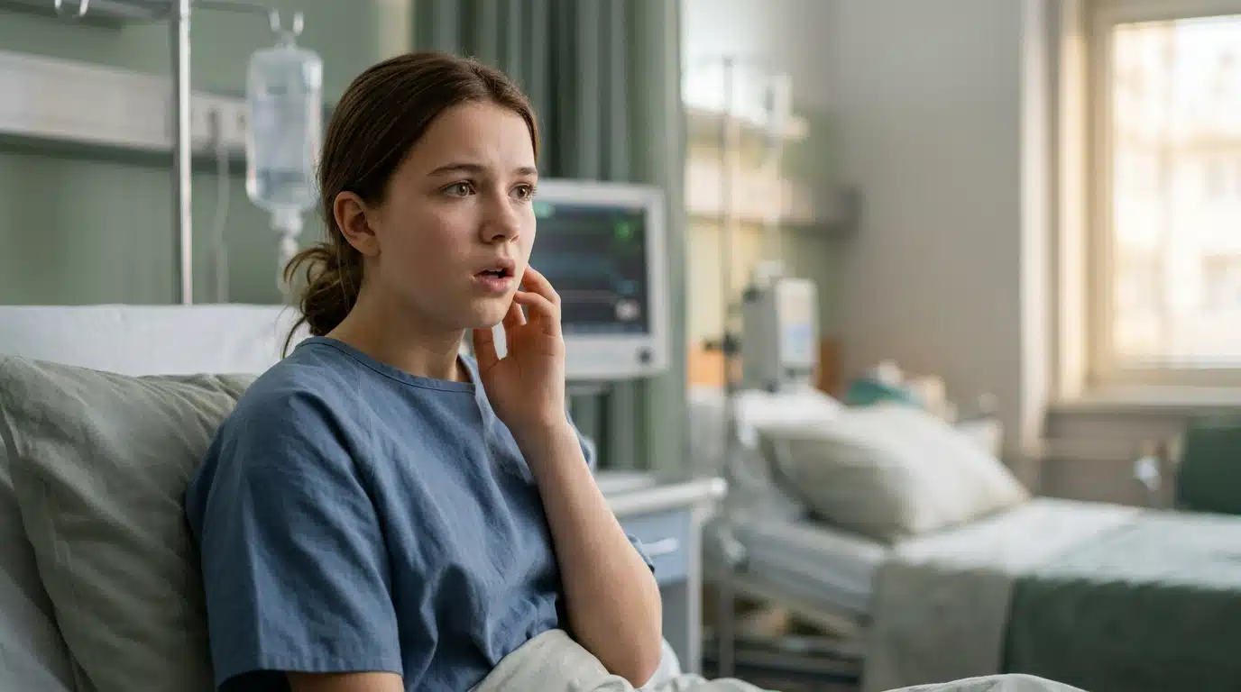 Adolescente assise sur un lit d'hôpital, main sur la mâchoire