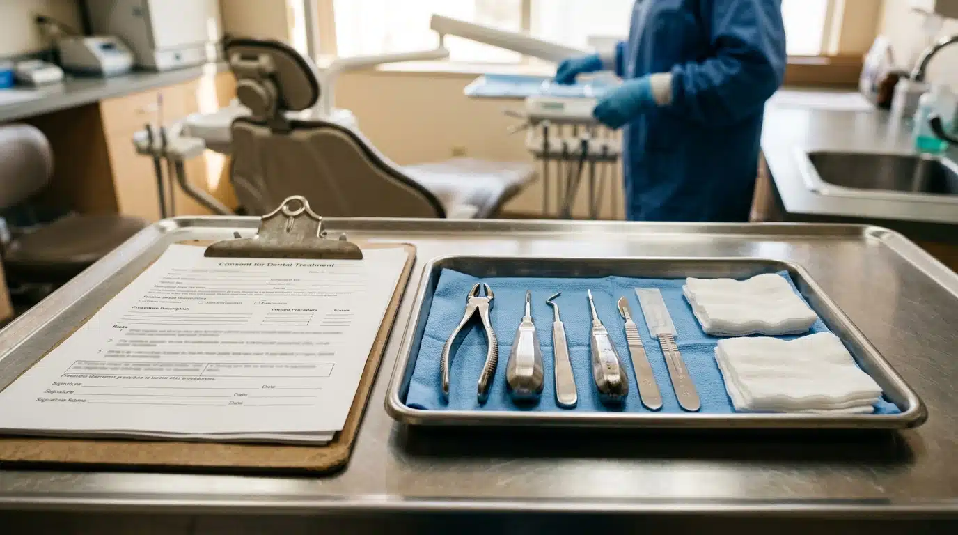 Plateau chirurgical avec instruments dentaires et compresses
