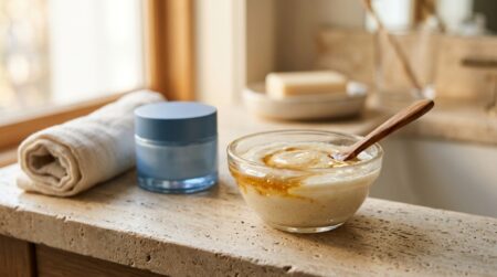 Bol de crème blanche mélangée à du miel doré