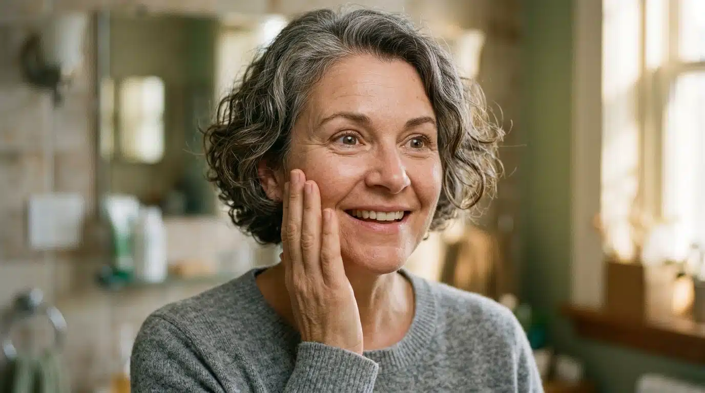Visage souriant d'une femme touchant sa joue lisse