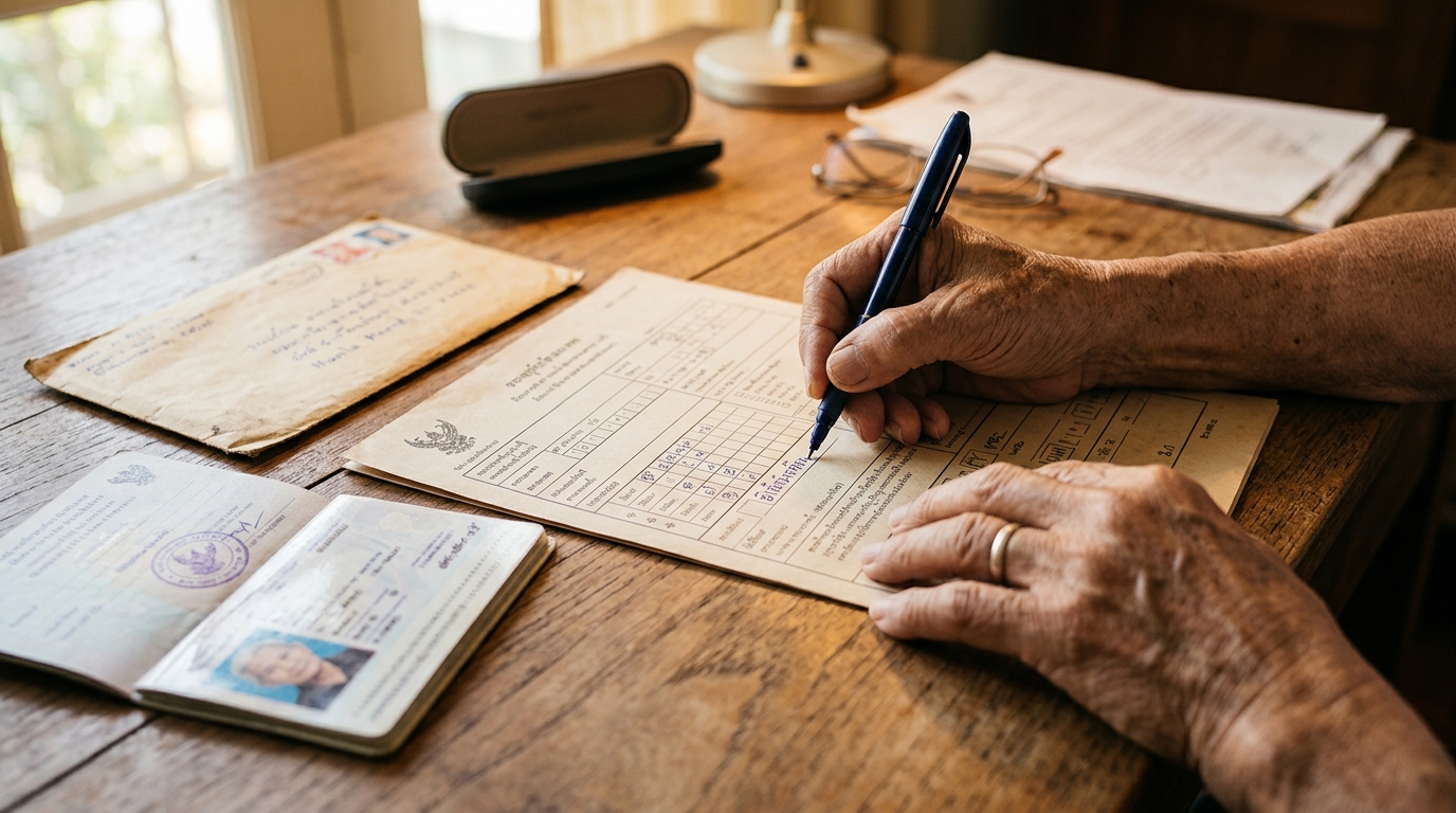 Mains de senior remplissant un formulaire Cerfa de retraite