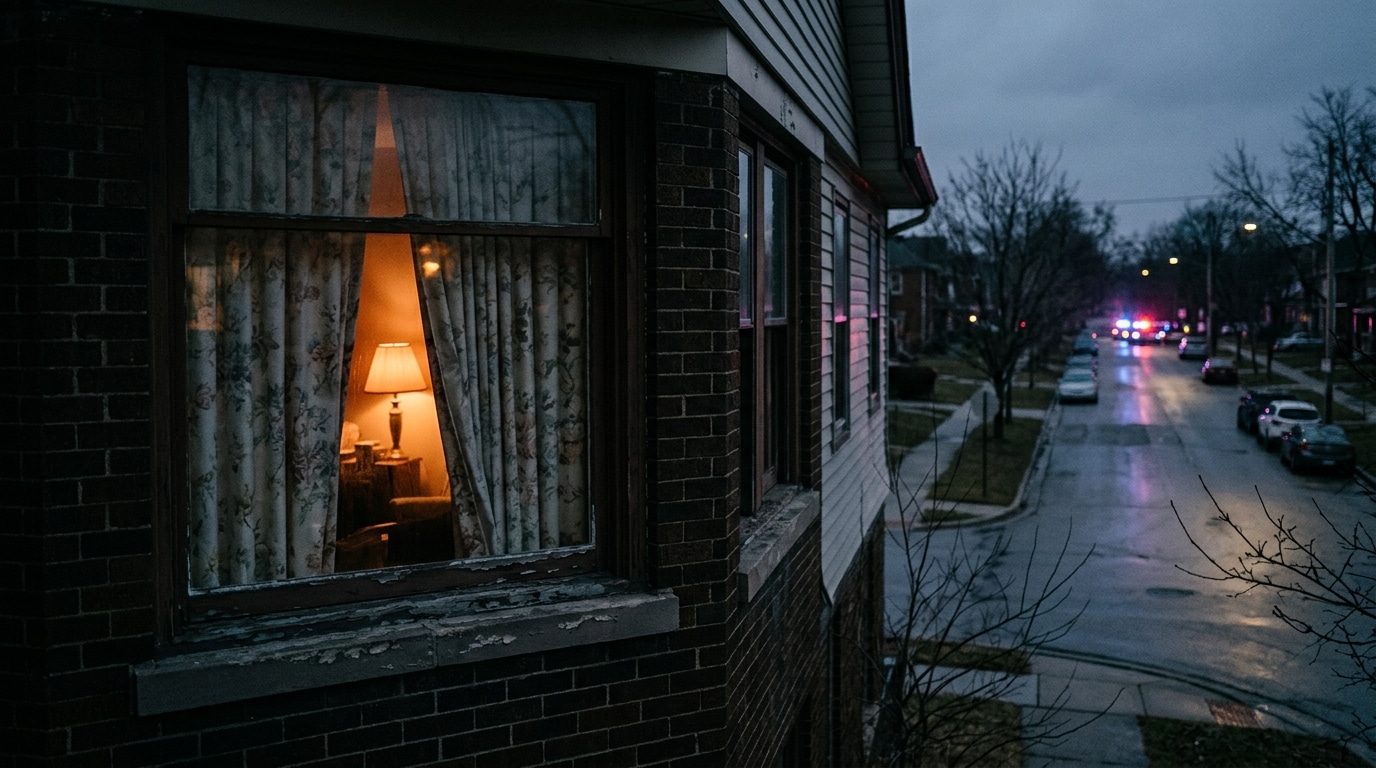 Maison avec fenêtre éclairée la nuit, ambiance tendue