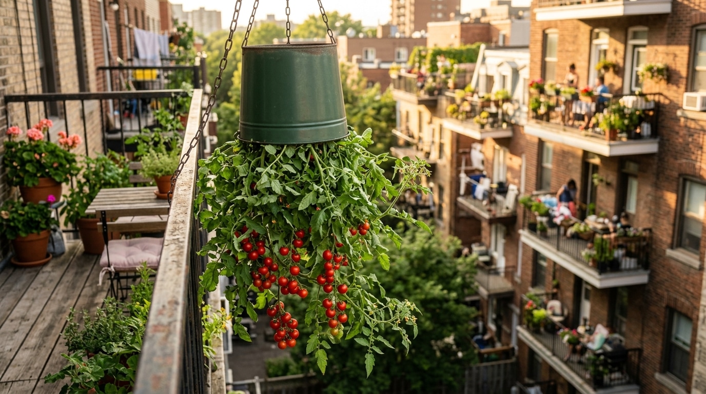 Seau suspendu avec plants de tomates poussant tête en bas