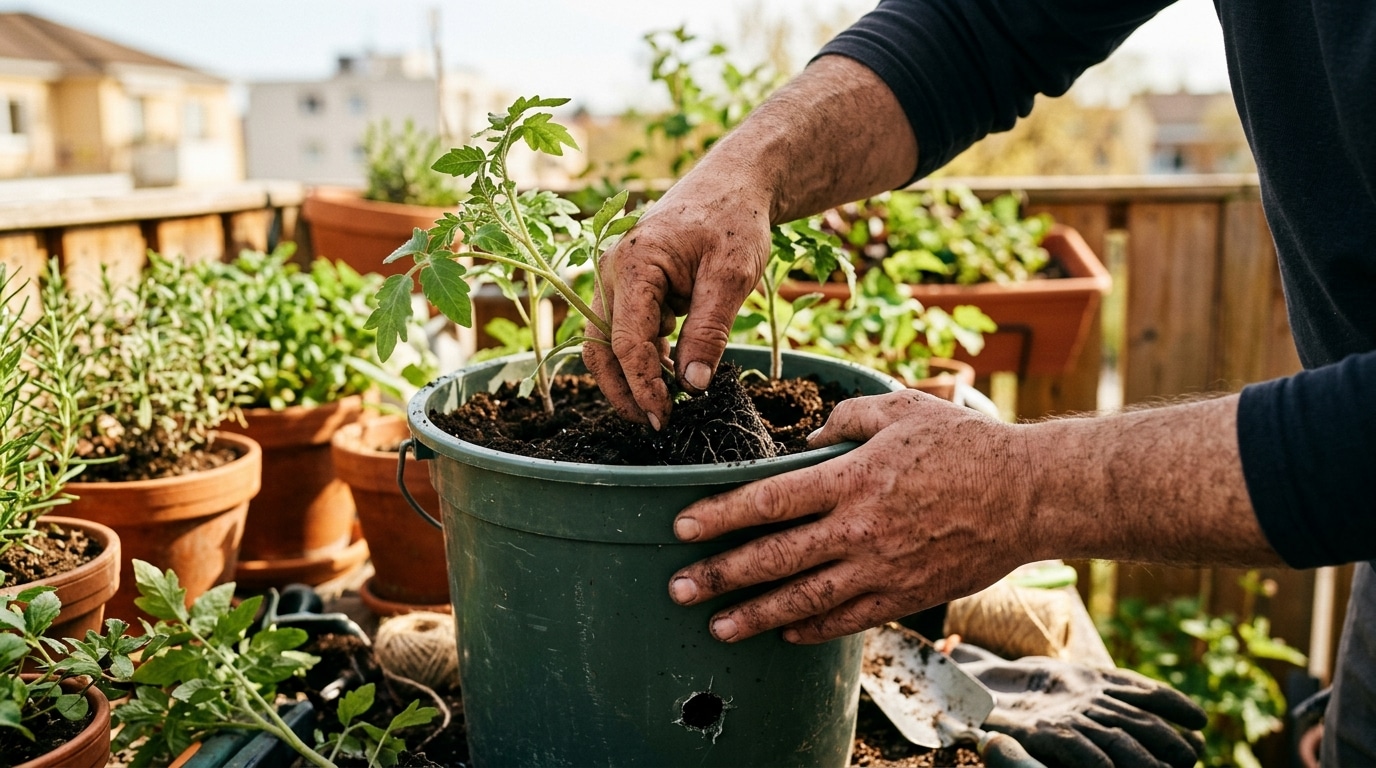 Mains plantant une tomate à l'envers dans un seau