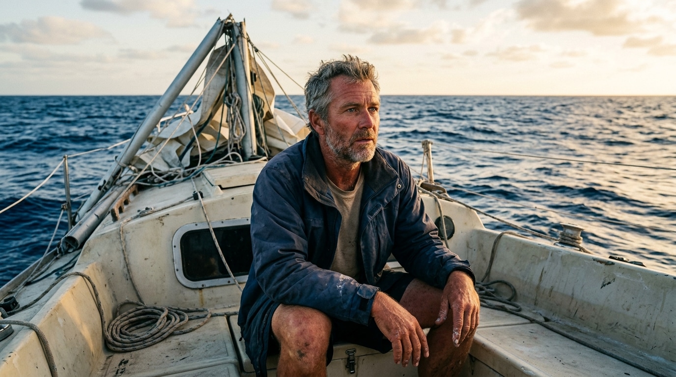 Homme épuisé sur voilier endommagé en pleine mer
