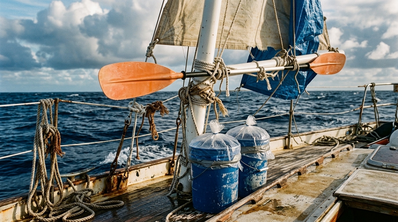 Voiles improvisées en PVC sur pont de bateau