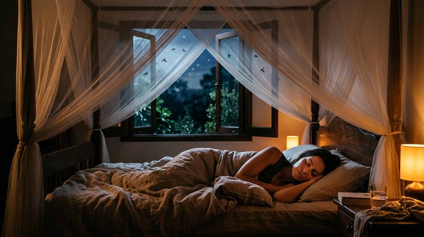 Femme endormie protégée par un ciel de lit la nuit