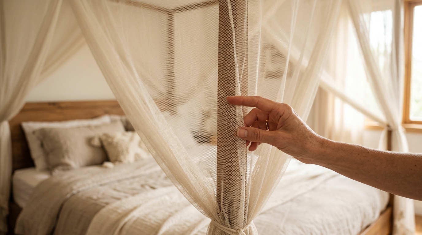 Gros plan sur le tissu fin d'un ciel de lit