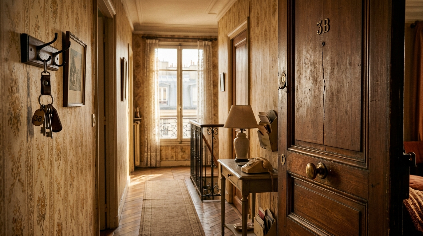 Couloir d'immeuble parisien avec une porte d'appartement entrouverte, lumière matinale dorée