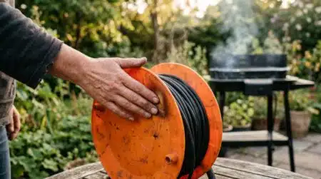 Main touchant un enrouleur électrique chaud dans un jardin
