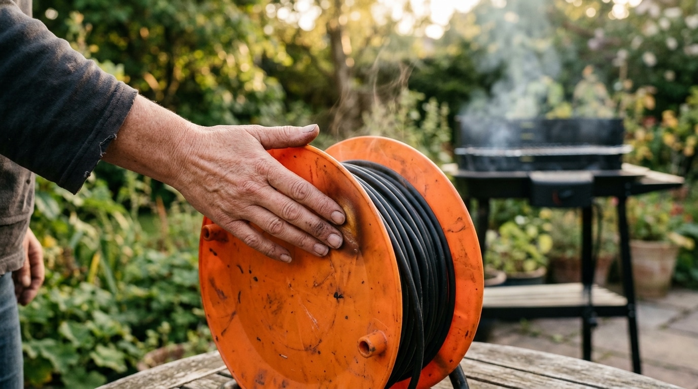 Main touchant un enrouleur électrique chaud dans un jardin