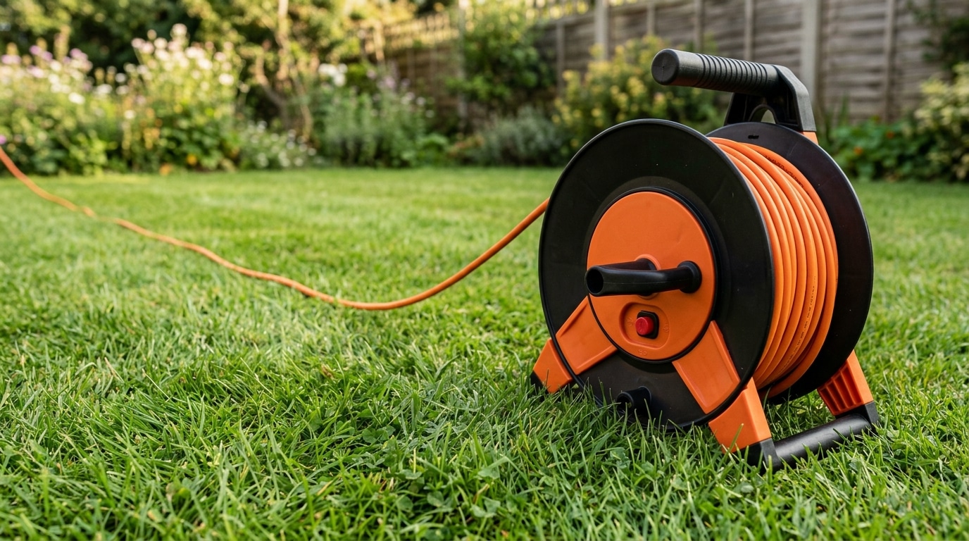 Câble électrique orange partiellement déroulé sur pelouse