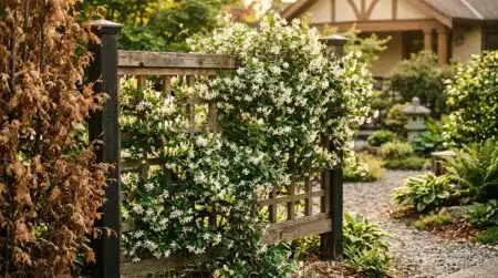 Treillis japonais couvert de jasmin étoilé en fleurs