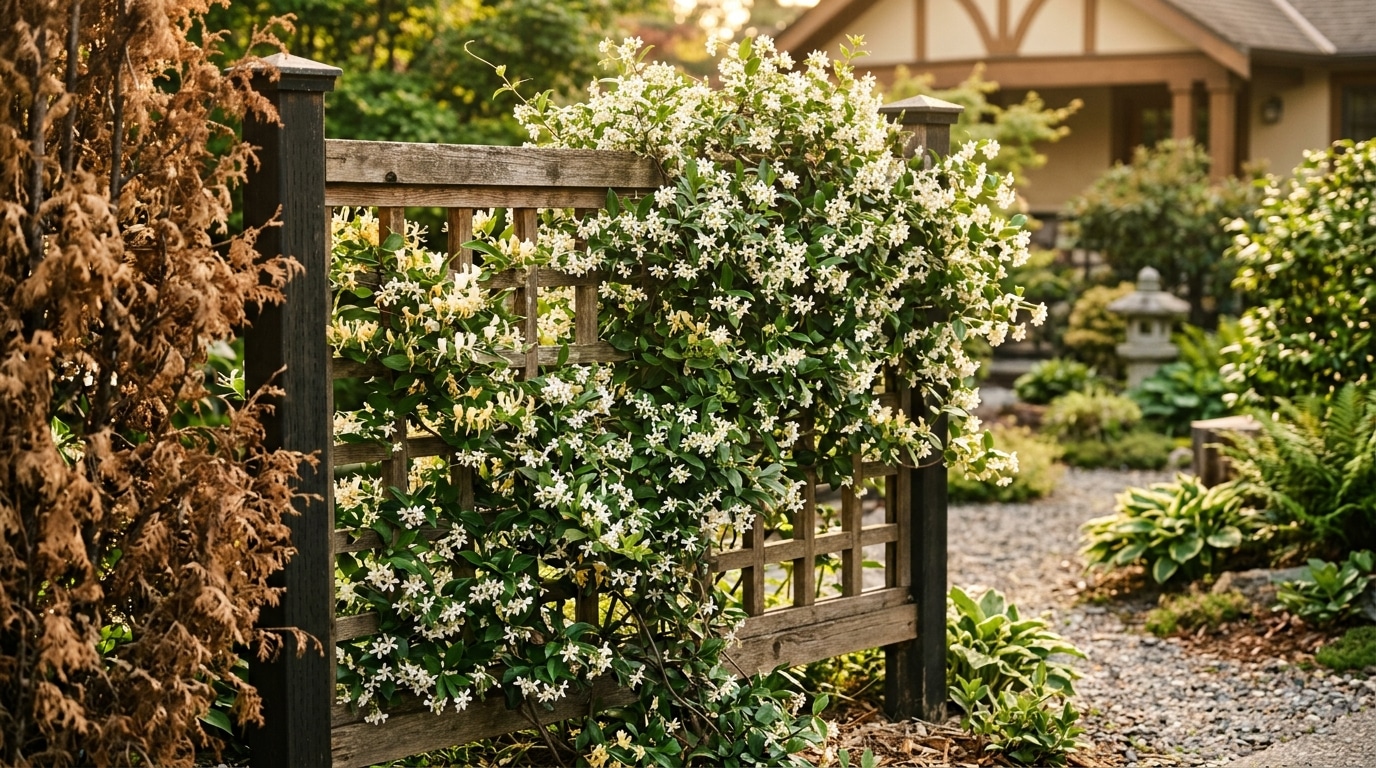 Treillis japonais couvert de jasmin étoilé en fleurs