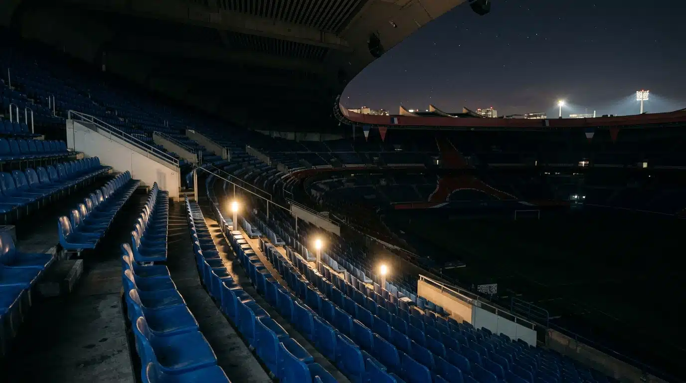 Trois lumières de stade brillant dans un ciel nocturne