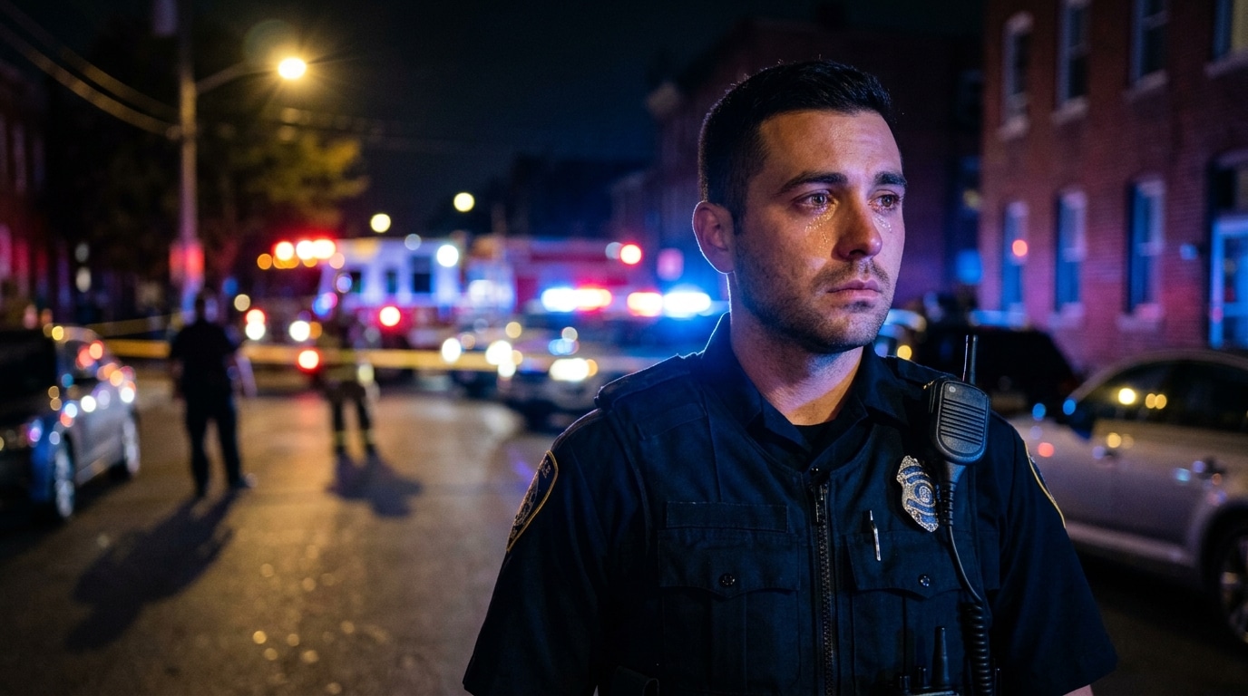 Policier bouleversé sur les lieux d'un accident nocturne