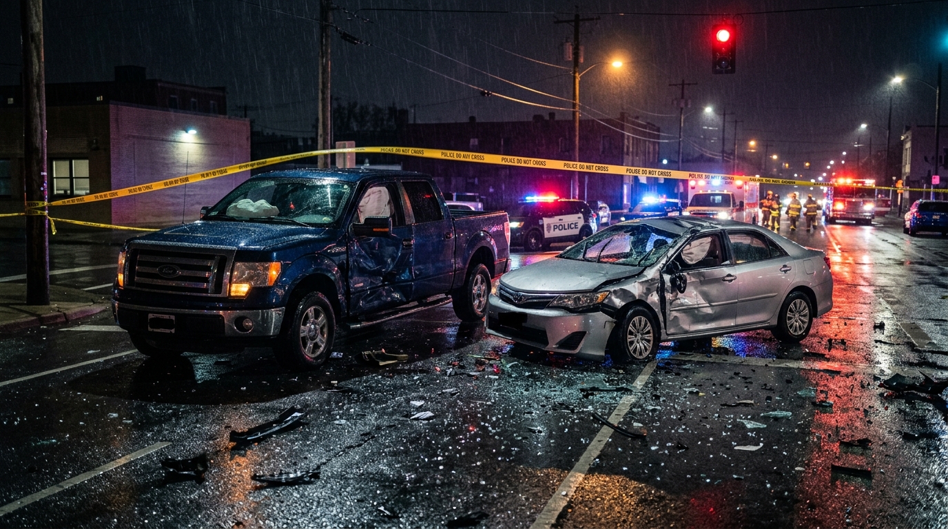 Voiture accidentée de nuit avec gyrophares en arrière-plan