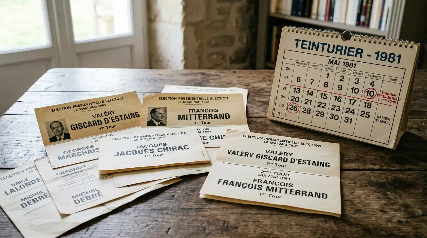Bulletin de vote et calendrier vintage évoquant les élections présidentielles françaises des années 1980