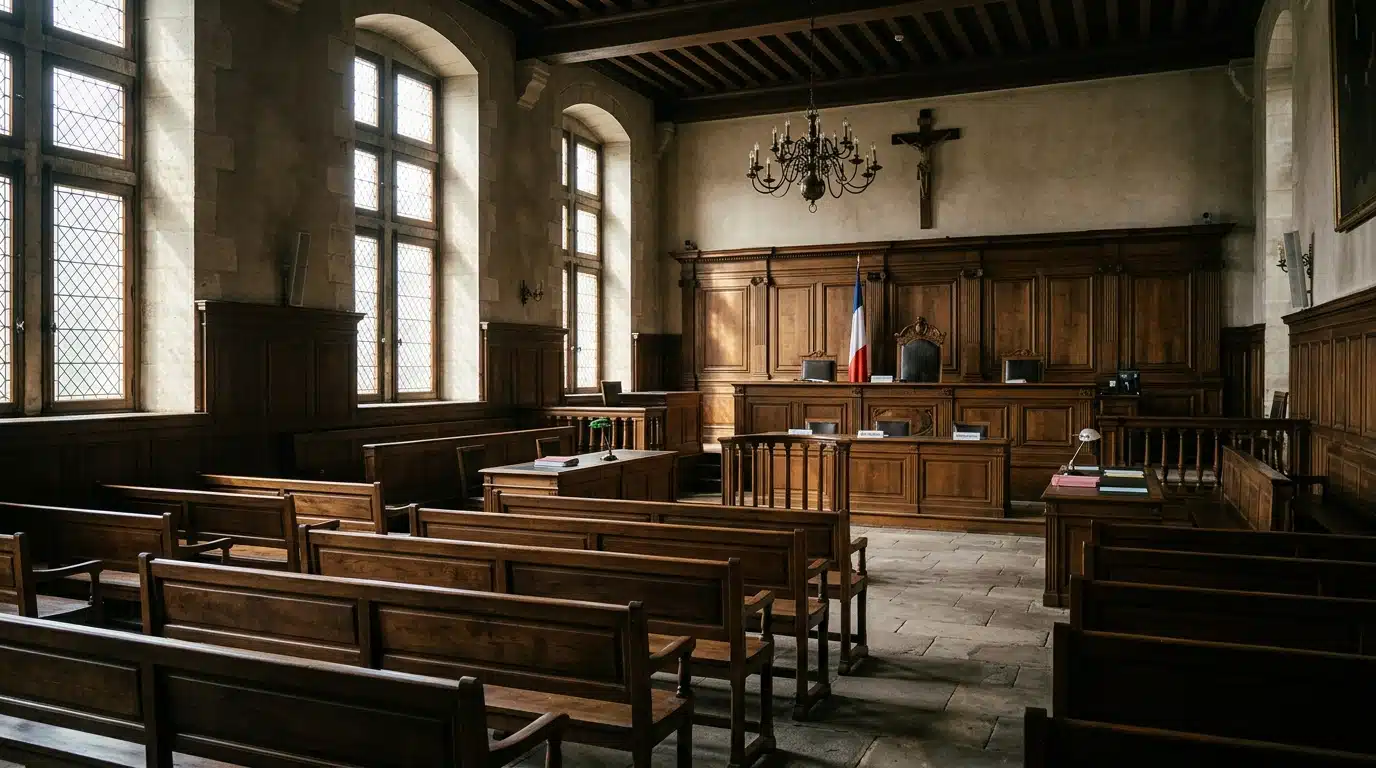 Salle d'audience vide dans un tribunal français, éclairage solennel