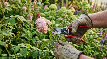 Mains coupant une rose fanée dans un jardin