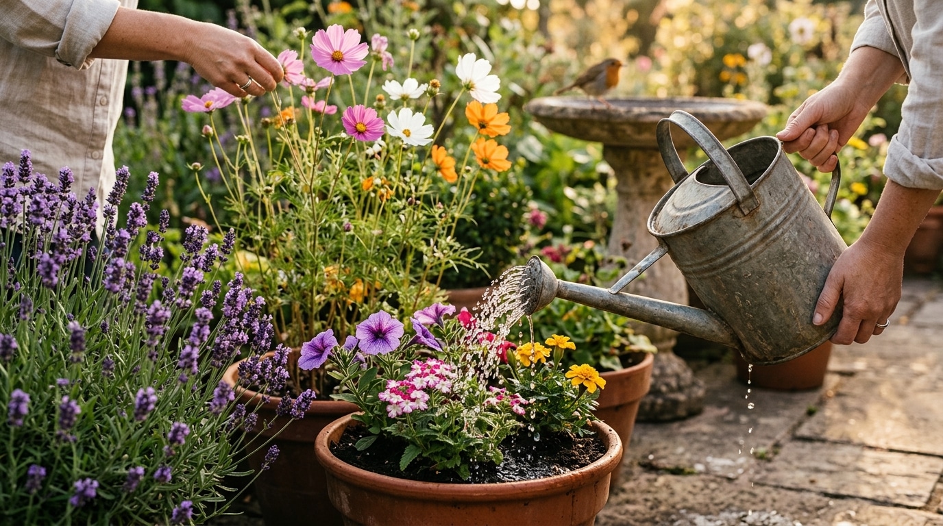 Arrosoir versant de l'eau au pied de fleurs en pot