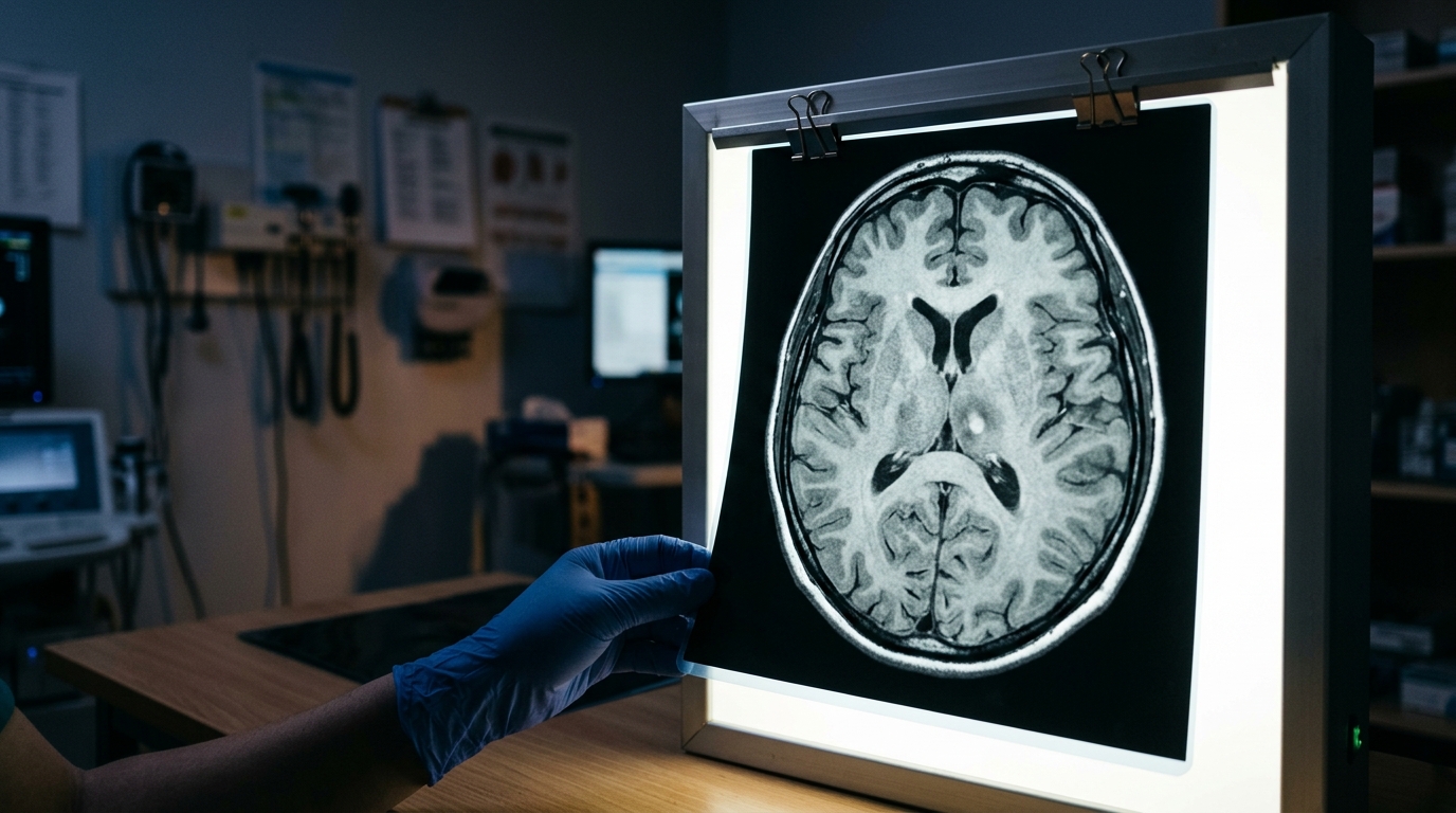 Scanner cérébral affiché sur un négatoscope médical