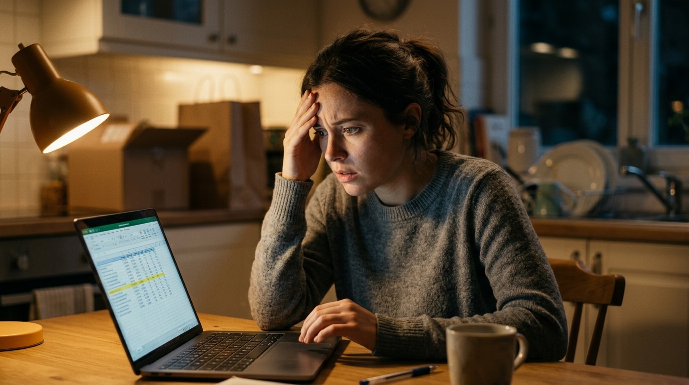 Jeune femme inquiète devant un tableau de dépenses