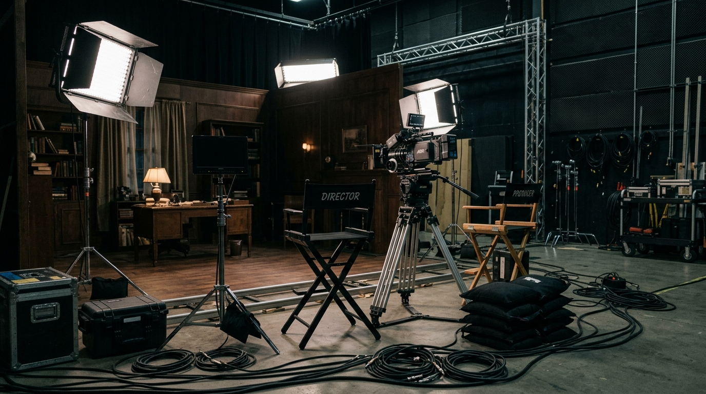Plateau de cinéma vide avec caméra et projecteurs